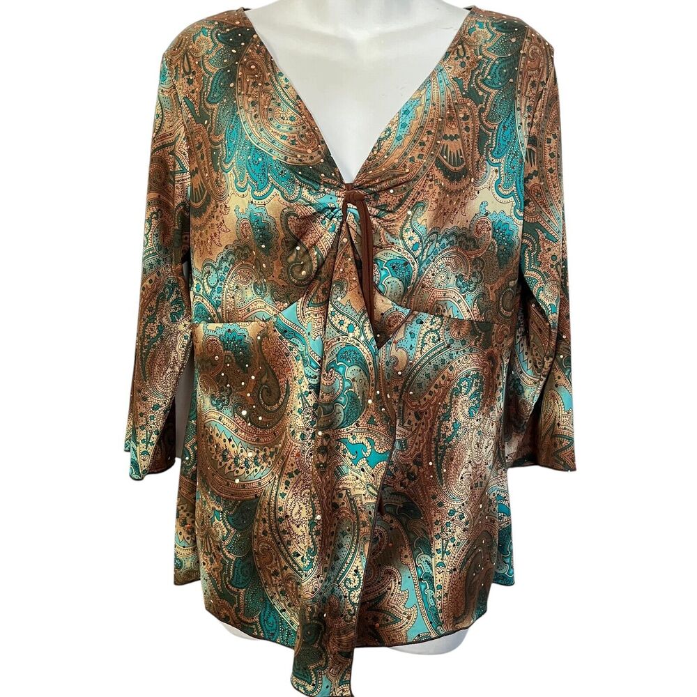 Obe Vintage Y2K Paisley Babydoll V-Neck Whimsigoth Sequins Knit Top Fairy sz 1X